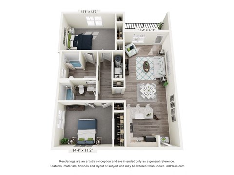 Floor plan for 2 beds, 2 baths, 1160 sqft